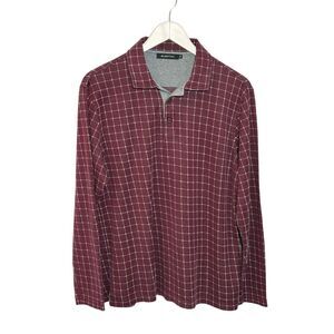 Bugatchi maroon and gray windowpane long sleeve cotton polo shirt - M